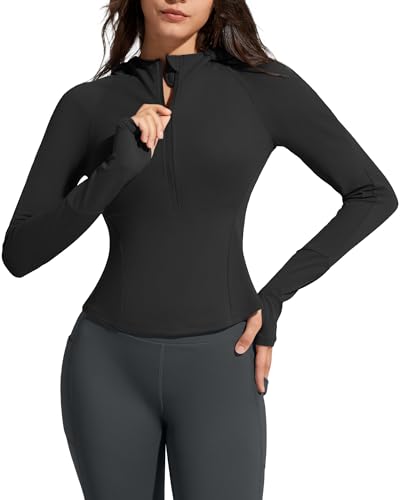 G4Free Half Zip Pullover Women Slim Fit Athletic Pullover Sweatshirts Fall Fashion Long Sleeve Tops with Thumb Holes(Black,S)