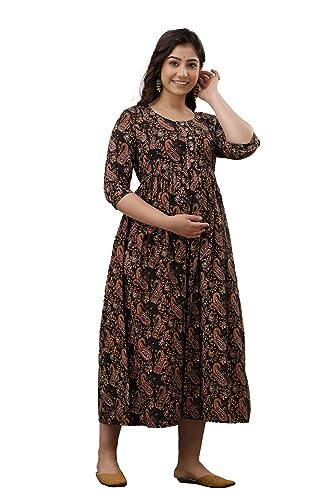 Image of The Moon Star Women's Cotton Floral Printed Anarkali Maternity Feeding Kurti | Breastfeeding Dress for Mothers | Zipper Feeding Kurti, Nursing Kurti, Comfortable and Trendy Maternity Wear