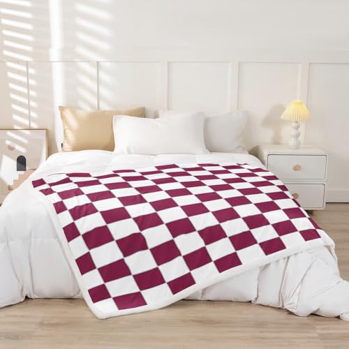 Image of Erosebridal Burgundy Check Plaid Throw Blanket 40 inchX50 inch White Red Checkerboard Fleece Bed Blanket,Checkered Grid Sherpa Blanket for Kids Teen Adults Aesthetic Geometric Fuzzy Blanket