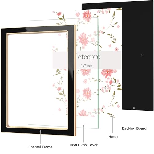 Image of eletecpro 5x7 Enamel Picture Frame with Real Glass Cover, Cute Photo Frame with Gold Metal Edge, Horizontal and Vertical Display Pictures 5 by 7 for Tabletop and Wall Decor, Black, 1 Pack