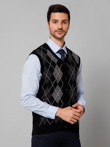 Image of Cantabil Geometric V Neck Sleeveless Regular Fit Men Maroon Casual Cardigan Sweater | Casual Winter Sweater for Men | Mens Sweater for Winter Wear (P MSWT00058 Black)