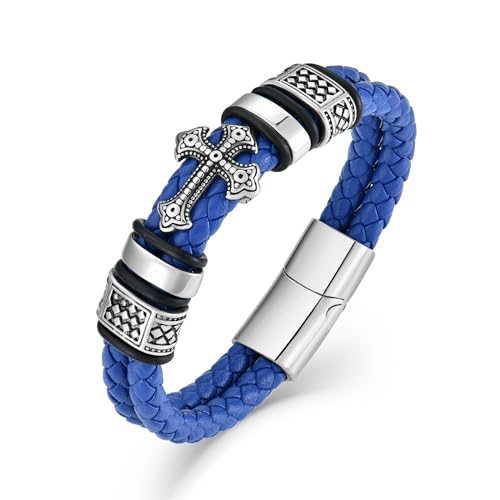 Pulsera para Hombre de Cuero con Cruz Cristiana Doble miniatura 1