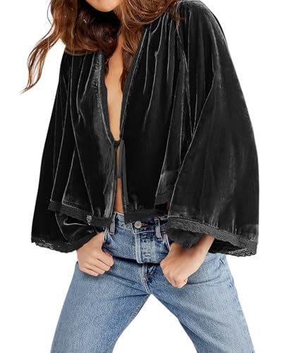 R.Vivimos Women's Fall Velvet Casual Jackets Bell Long Sleeve Tie Front Lace Trim Loose Vintage Kimono Cardigan Short Coat2
