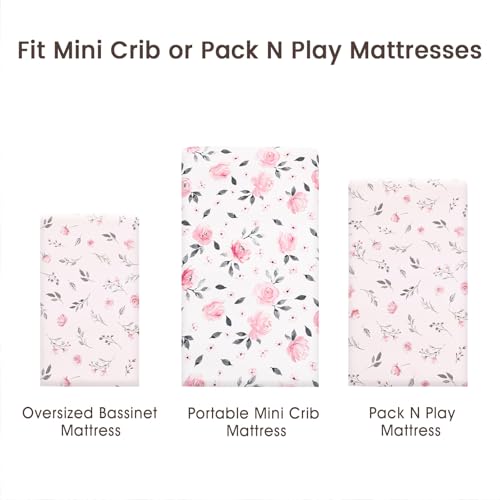 Image of PHF Soft Mini Crib Sheet Set, 2 Pack Silky Comfy Pack N Play Sheets for Girls, Universal Fit for Pack N Play, Playard and Mini Crib Mattresses, Pink Floral