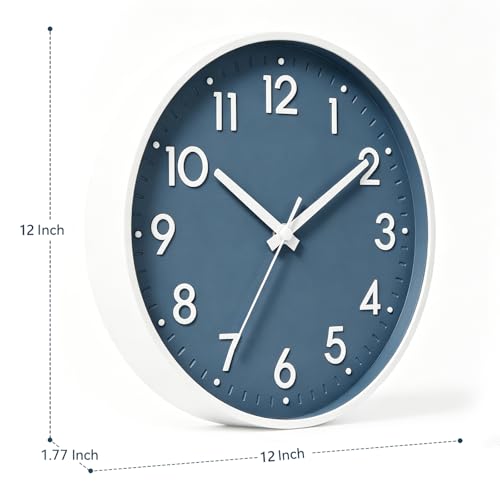 Image of Mosewa Wall Clock 12 Inch, Battery Operated Silent Non-Ticking Modern Analog Clock Decorative for Kitchen, Bedroom, Office, Living Room(Azure Blue)