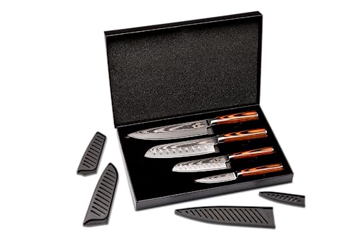 Foto von Wolfblood 4er Damastmesser-Set (32, 30, 24 und 20 cm) Profi Damast-Küchenmesser Set aus echtem 67 Lagen Damaststahl I Damastmesser Set aus Chefmesser und Santokumesser mit Klingenschutz & Geschenkbox
