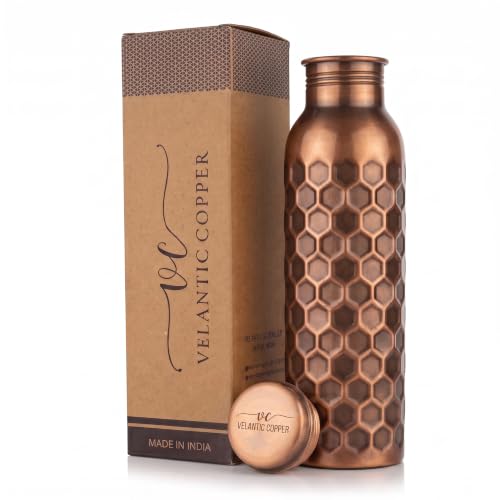 Image of Copper Water Bottle - 32 Oz - Handcrafted Ayurvedic Vessel | Antique Honeycomb, Jointless Leak-proof, Eco-Friendly, BPA-Free, Handmade Water Bottles for Yoga, Office, Travel