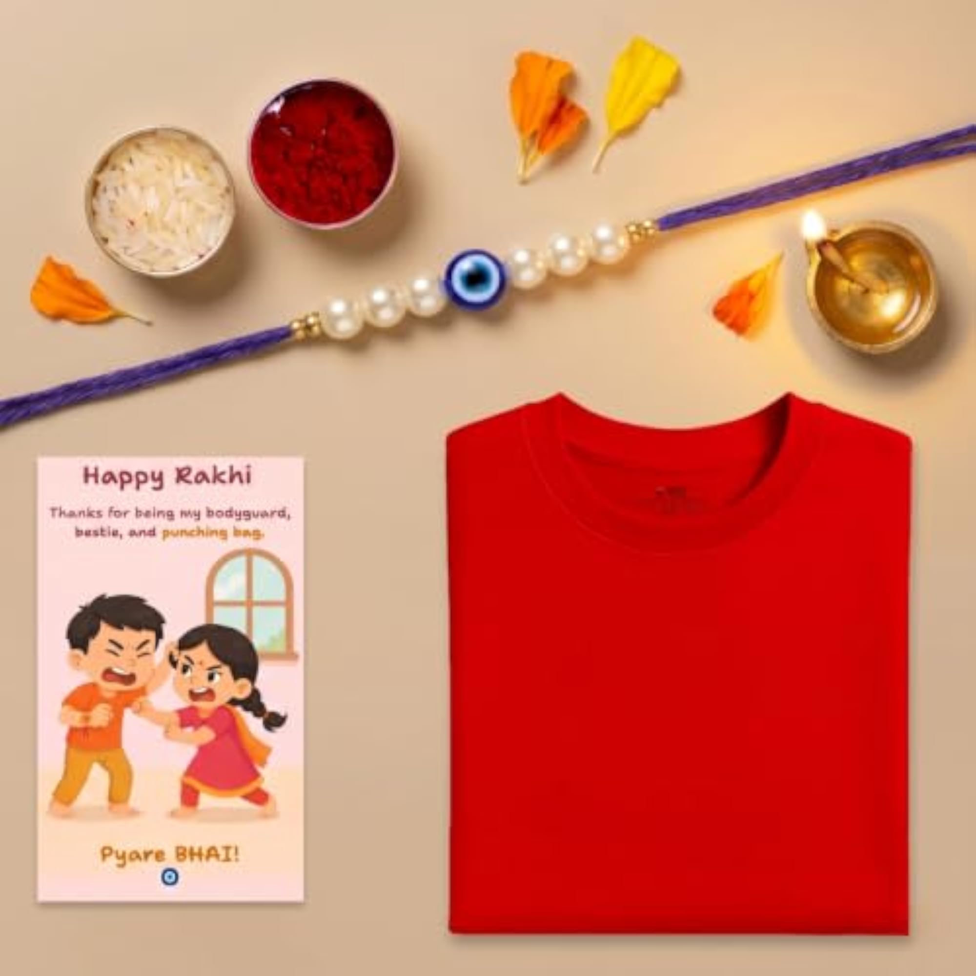 Evil Eye Pearl Rakhi with Krishna Flute Pooja Thali Gift Set