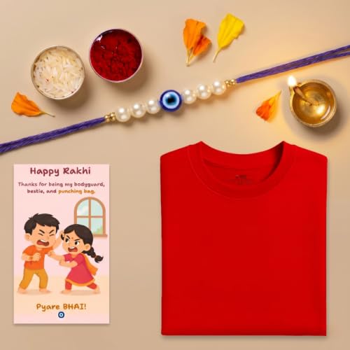 Image of Evil Eye Pearl Rakhi with Krishna Flute Designer Pooja Thali, Red T-Shirt, Greeting Card & Roli Chawal | Nazar Suraksha Rakhi Gift Combo for Brother | Raksha Bandhan Gift Set