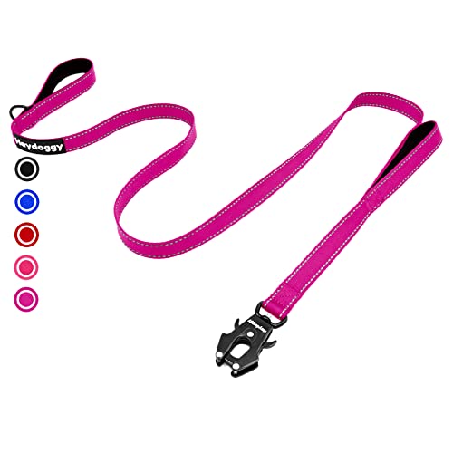 Laisse pour Chien Résistant 1,8m/1,5m/1,2m pour Grands Moyens Petits Chiot, Nylon Laisse de Dressage avec 2 Poignée et Auto Bloquer Boucle, Réfléchissants Anti-Traction Corde Laisse Rose Vif 6ft