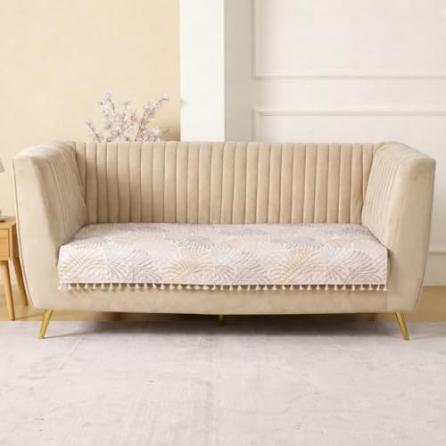 Image of HOMEMONDE 2 Seater Quilted Velvet Printed Sofa Cover with Tassels |Soft, Durable & Premium Fabric with Tassels | Sofa Cover Mats for Living Room, Bedroom & Office (76 X 122 CM, Opal Palms)