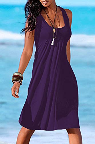 Image of Camisunny Women Casual Loose Tank Dresses Sleeveless Beach Vacation Dress Swing Pleated U Neck Fashion Soft