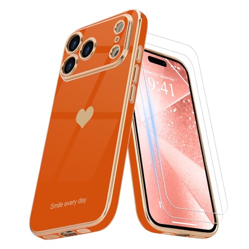 Teageo for iPhone 17 Pro Max Case with Screen Protector [2 Pack] Girl Women Cute Girly Love-Heart Luxury Gold Soft Cover Camera Protection Shockproof Phone Case for iPhone 17 Pro Max, Orange by Teageo - Used condition - US$9.65
