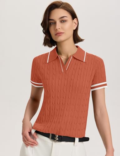 Image of Micoson Womens Short Sleeve Sweater Tops Lapel V Neck Polo Shirts 2026 Summer Cable Knit Loose Blouse Business Casual Outfits