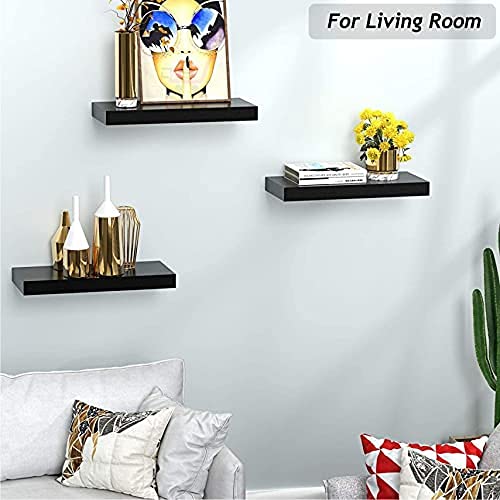 Image of Kassar Floating Wall Shelves Set of 3, Black, Wood, Modern Display Ledge for Home Decor (Black)