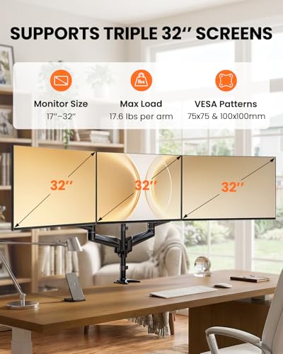Image of ErGear Triple Monitor Mount for 3 Screens up to 32 Inch, 3 Monitor Desk Mount Holds 4.4-17.6 lbs per Arm, Fully Adjustable Triple Monitor Stand, VESA 75x75 /100x100, C-Clamp /Grommet Base