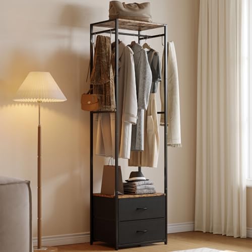 Vicforhui Closet Organizer with Drawers, Narrow Wardrobe Storage Rack, Small Clothes Rack with Shelf for Wardrobe and Bedroom, Closet Storage