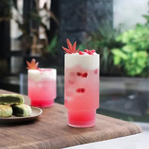 Alink Ribbed Drinking Glasses With Glass Straws 6Pcs Set, Vintage Iced Coffee Cups Glassware, Origami Style Ridged Glass Tumbler For Coocktail, Whiskey, Beer, Water - 2 Cleaning Brush #TOP2