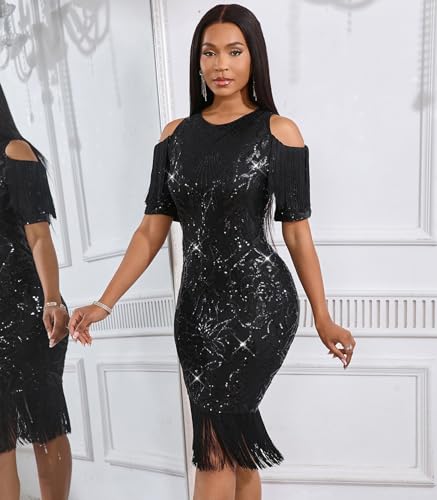 Image of Cololura Sexy Elegant Women Sequin Long Sleeve Tassel Bodycon Midi Dress Party Evening Gown Formal Dress
