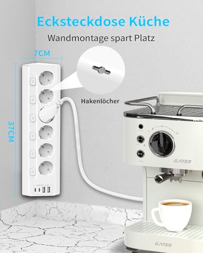 Inhwatek Eck Steckdosenleiste Überspannungsschutz mit USB C, 6 Fach Tischsteckdose Mehrfachsteckdose mit 2M Kabel (4000W,16A) Steckdosenleiste Wandmontage für Küchemit Heim Büro 3