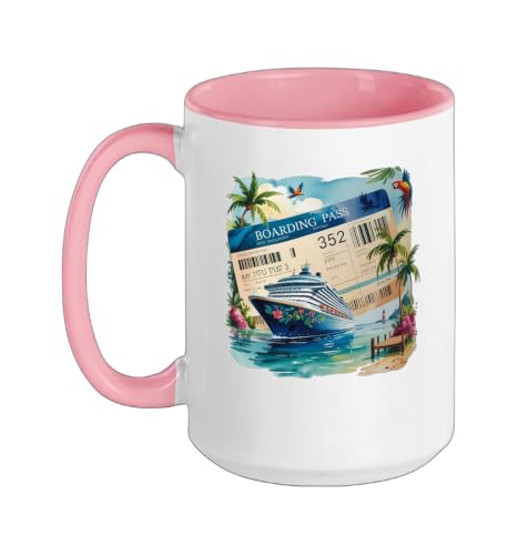 Tropical Cruise Ship Voyage Ticket Island Scene Ceramic Mug, Pink/White, 15oz