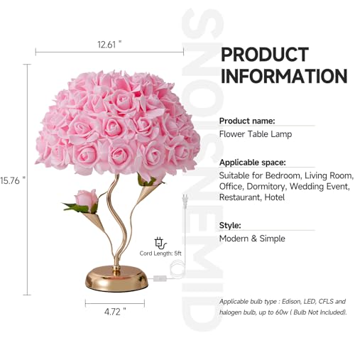 ZYLEISENBAO Pink Flowers Lamp Fabric Rose Table Lamp Cute Flower Desk Lamp Creative Bedroom Nightstand Light for Wedding Deco Valentines Dating Party Living Room Hotel Office Study Room — view 3