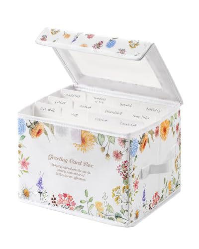 Meunmro Greeting Card Organizer Box With 13 Removable Dividers Oxford Cloth Card Organizer With Transparent Lid Store 140+ Cards for Photos Stamp Crafts Envelopes Sticker Scrapbooking