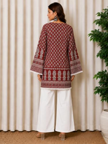 Image of Maroon Ajrak Printed Cotton Kurti for Women