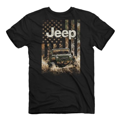 Jeep Freedom Outdoors Short Sleeve T-Shirt | American Flag, Camo, Mudding, Wrangler Rubicon Design | 100% Ringspun Cotton
