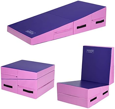 GYMAX Incline Gymnastics Mat, 60"X30"X14" Wedge Shape Gymnastics Incline Mat Folding Gymnastics Gym Fitness Tumbling Mat, Ideal for Tumbling, Practice & Exercise (Pink+Purple, 60"X30"X14")