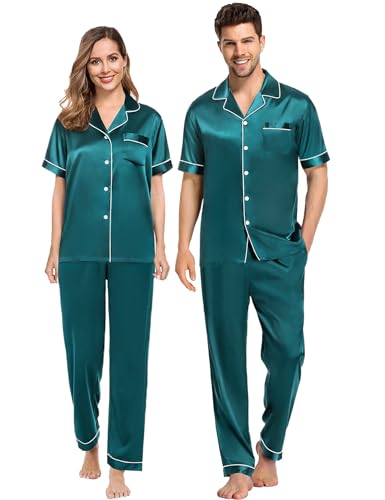 SWOMOG Couples Pajamas Sets Women & Men Satin Short Sleeve Sleepwear Button Down Loungewear Pjs Set with Long Pants Women Green Large