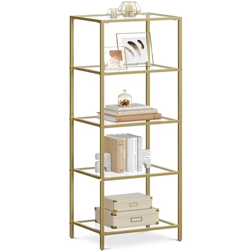 VASAGLE Bookcase, 5-Tier Bookshelf, Slim Shelving Unit for Bedroom, Bathroom, Home Office, Tempered Glass, Steel Frame, Metallic Gold ULGT029A01