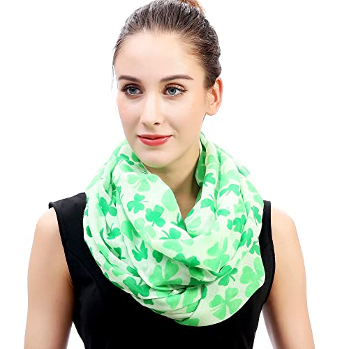 Lina & Lily Four Leaf Clover Shamrock Print Infinity Scarf for Women St Patricks Day (White, Green)