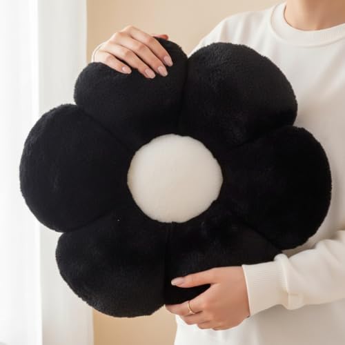 Image of AVSHUB Sunflower Aesthetic 6 Petal Cute Preppy Decorative Throw Pillow|Floor Cushion with Fibre Filling for Aesthetic Decoration (Black, 35CM)