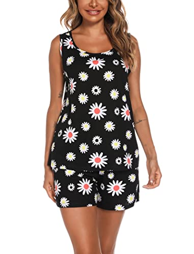 Enjoynight Women's Pajamas Set Sleeveless Tee And Shorts Sleepwear Tank Top Pjs Set With Pockets(Black Flower,X-Large) #TOP2