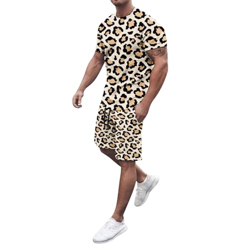 Survêtement pour homme jaune surdimensionné 2 pièces imprimé léopard manches courtes t-shirt tendance été ample décontracté surdimensionné haut long...