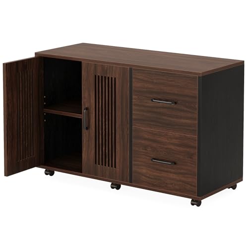 Tribesigns 2-Drawer Mobile File Cabinet, Lateral Filing Cabinet with Door Storage Cabinet and Wheel Casters, Wood File Cabinet for Home Office (Dark Walnut & Black, Only File Cabinet)