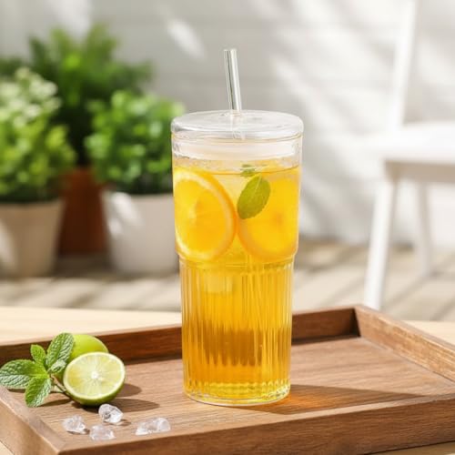 Image of ginoya brothers 600ml Glass Mason Tumbler with Lid and Straw - Leakproof Reusable Drinking Cup for Juice, Smoothies, Iced Coffee, Tea, Cold Beverages. (Pack of 1)
