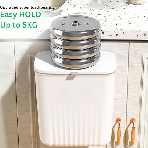 Image of HomeEssentials Plastic Kitchen Dustbin - Modern Lightweight Hanging Garbage Bin for Home, Office / 9 Liters, White /Open Top with Handle /Ideal for Kitchen, Bathroom and Cabinet Door (White)