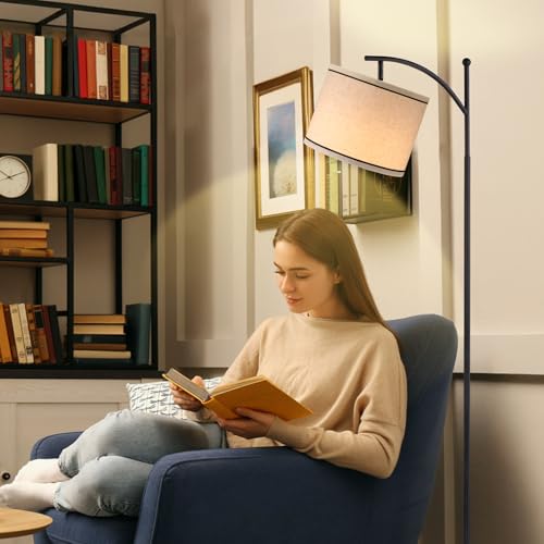 Image of Ambimall 60 inch Floor Lamp for Living Room with 3 Color Temperatures, Beige Lampshade with Black Stripes, Tall Lamp for Bedroom Office, 9W Bulb Included