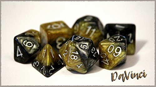 Davinci Halfsies Dice - 7 die polyhedral dice Set - Black & Gold - Silver Numbering