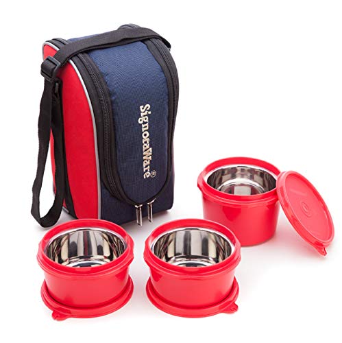 Signoraware Stainless Steel Executive Microsafe Steel 3 Tier Lunch Box (Red) - Set of 3