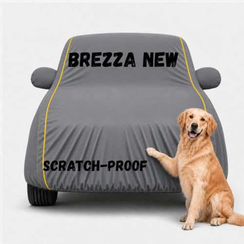 Image of 3 Layer Waterproof Car Body Cover for Brezza New All Weather Protection Comes with Inner Cotton Lining & Triple Stitched with Mirror & Antenna Pocket Belt & Elastic Fit (Grey)