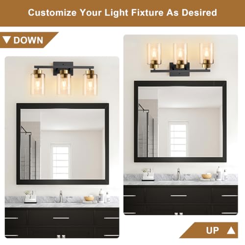 Image of IZORRO Bathroom Light Fixtures, Modern Vanity Lights, Bathroom Lighting Fixtures Over Mirror with Clear Glass Shade, Wall Sconce for Living Room Cabinet Bedroom (Black and Gold, 3-Light)