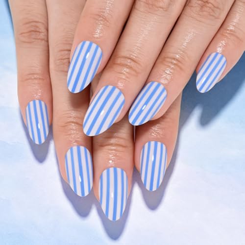 evpct Blue & White Stripe Press on Nails Short Almond for Women Manicure