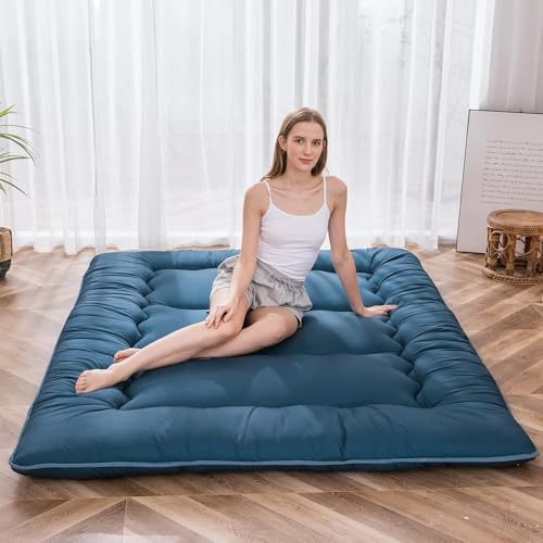 MAXYOYO Japanese Floor Mattress Futon Mattress, Thicken Sleeping Pad Foldable Roll Up Floor Futon for Adults Tatami Mat Dormitory Bed Lounger, Bluestone, Queen Size