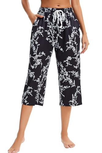 Image of Kabento 2 Pack Womens Pajama Pants Capri Sleep Lounge Pants Drawstring Pj Bottoms with Pockets
