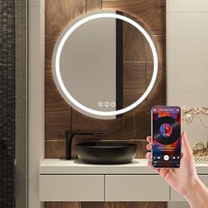 Simusi Bluetooth Badezimmerspiegel mit Beleuchtung, 60cm Runder Spiegel mit Beleuchtung, Wandspiegel mit Frontbeleuchtung, Antibeschlagfunktion, Dimmbar, mit 3 Einstellbaren Lichtfarben