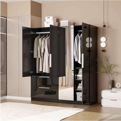 Vingli WA0WMBR 72.8 Inch H Wardrobe Closet With Mirror, High Gloss 4 Door Armoire With 2 Drawers, Wardrobe Cabinet With Hanging Rod & Shelves, Modern Black Freestanding Armoire Wardrobe Closet For Bedroom, Wood thumb #7