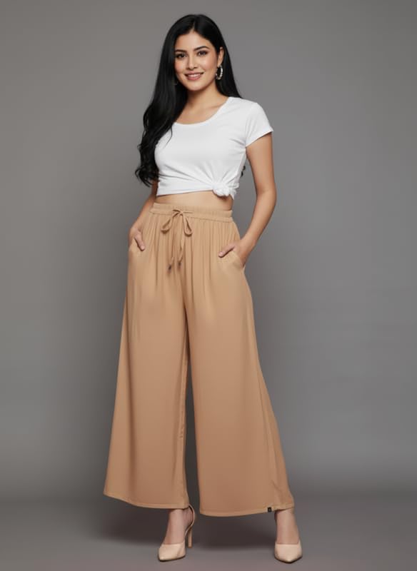 Image of Super Soft Viscose Rayon Flared Palazzo Pants for Women Stylish Wide Leg Straight Relaxed Fit Casual Ethnic Office Wear